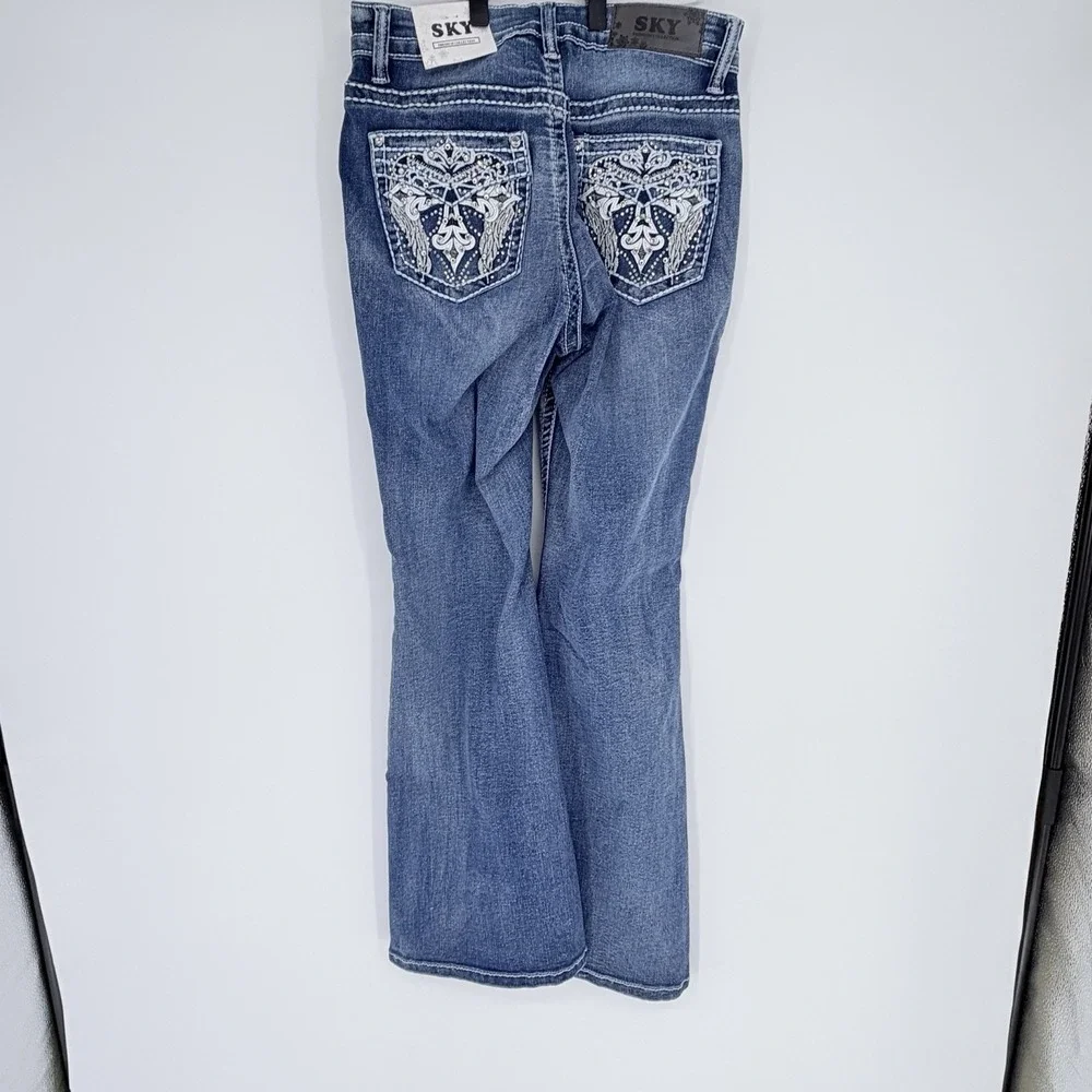 SKY‎ Premium Collection Supersoft Flare Jeans Womens 11/12 Blue Rhinestone Cross